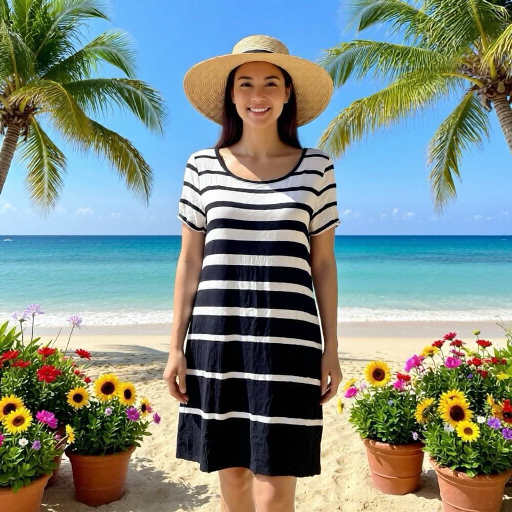 Apt.9 Women M T Shirt Dress Black White Striped Travel Short Sleeve Pullover Y2K